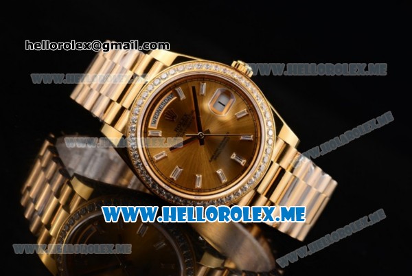 Rolex Day-Date Swiss ETA 2836 Automatic Yellow Gold Case/Bracelet with Yellow Gold Dial and Diamonds Bezel Stick Markers (BP) - Click Image to Close
